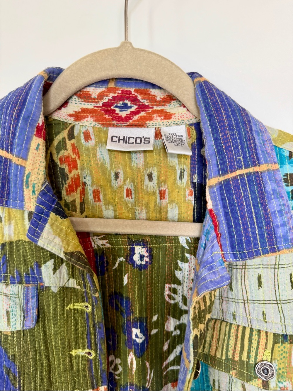 Chico's Multicolor Patchwork Quilted Jacket — Blue, Red, Orange, Green, Purple
